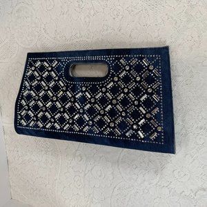 Women's Blue Denim Clutch purse with shoulder strap, Rhinestone embellished